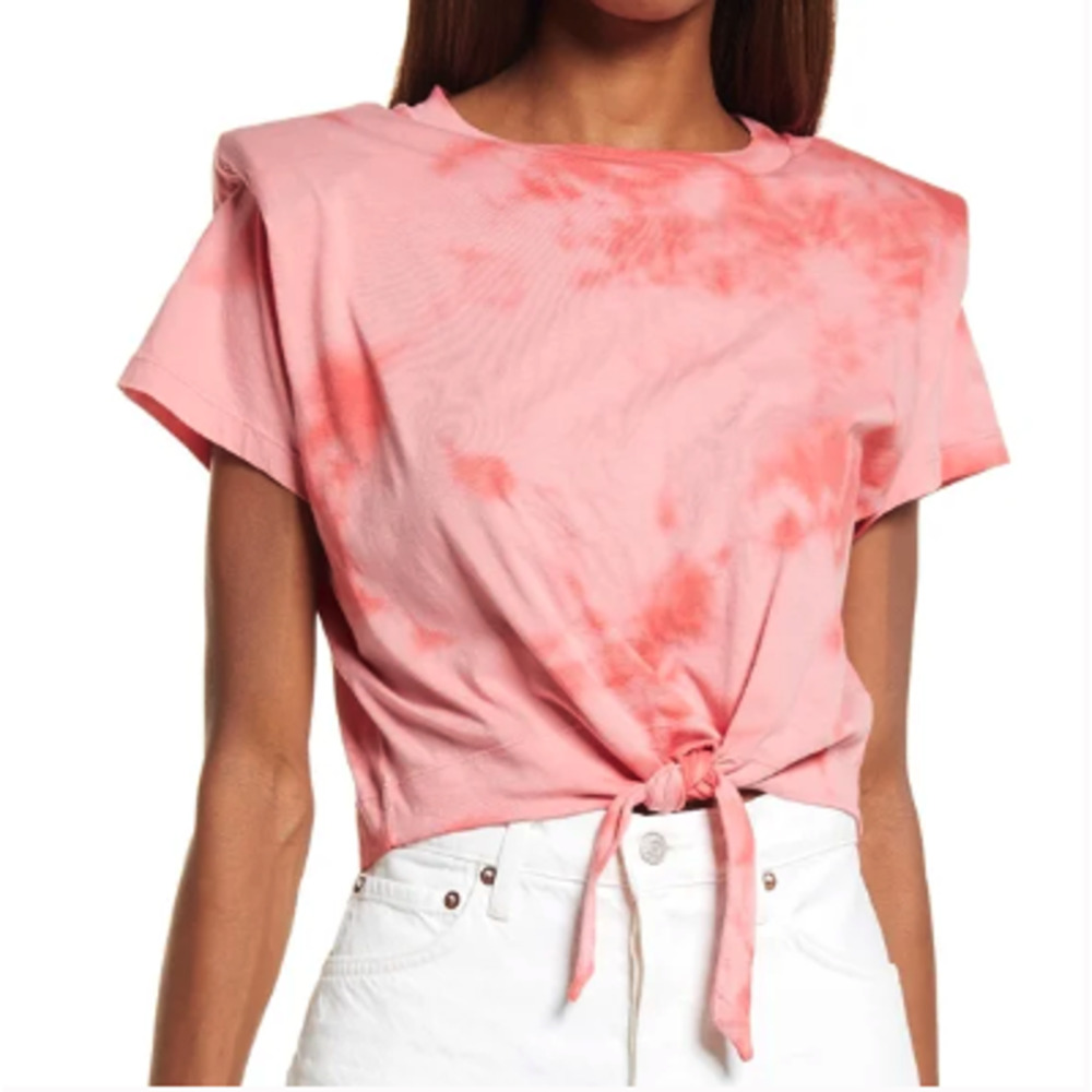 ALLSAINTS Spitalfields Coni Tie Dye T-shirt Red Shoulder Pad Tie Front NWT Small
